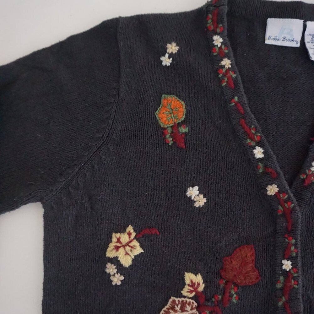 Vntage Bobbie Brooks Charcoal Floral Embroidered Knit Cotton Cottage Cardigan L - Picture 10 of 11